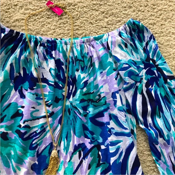 Lilly Pulitzer Enna Off The Shoulder Knit Top in Capri Teal Off Tropic - Picture 4 of 7